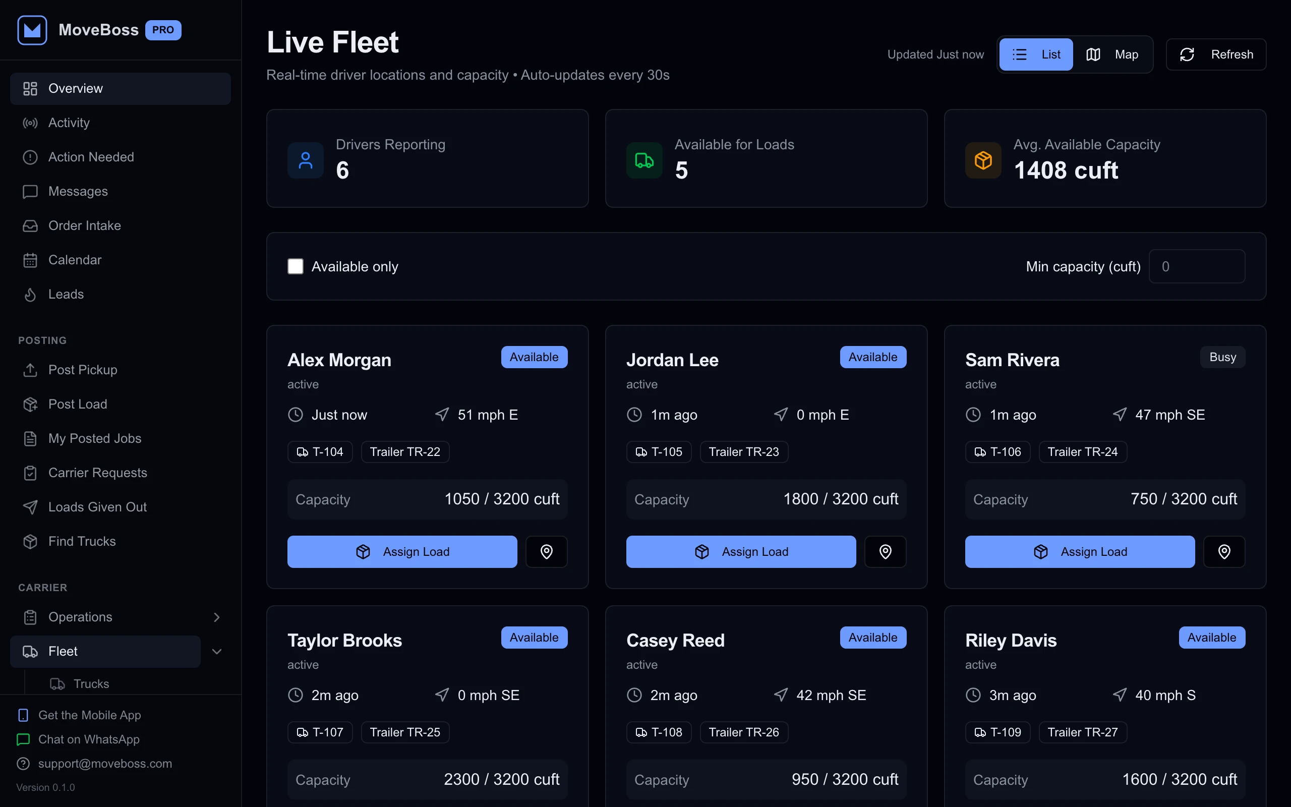Live fleet in MOVE BOSS